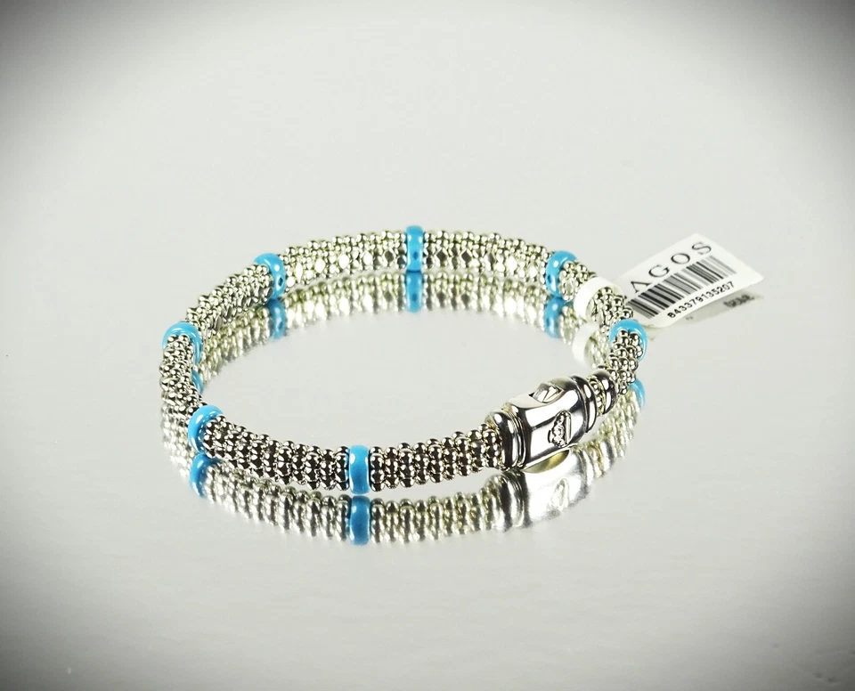 LAGOS Caviar Sterling Silver Ceramic Blue Stations Bangle Bracelet - Image 2 of 4