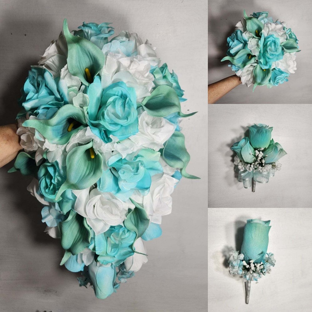 Aqua Tiffany White Rose Calla Lily Bridal Wedding Bouquet Accessories
