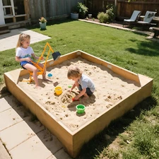 SLSY Kids Sand Box Square Sand Pit with Two Corner Seats 71"x71" With Excavator