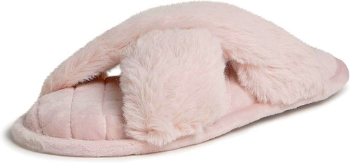 DEARFOAMS WOMEN'S JESSICA DUSTY PINK CROSS BAND SLIDE SLIPPERS W/TAGS - SIZE 5-6 - Picture 2 of 4