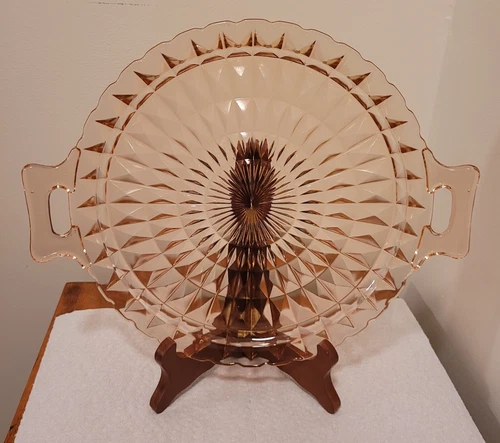 Vintage Jeanette Windsor Diamond Pink Depression Glass 2 Handled Cake Plate 10”