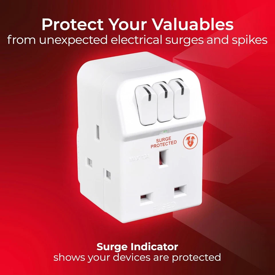 Masterplug 3-Socket Surge Protected Adaptor with Individual Switches UK Plug - Image 2 of 4