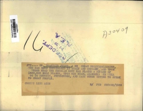 1929年 プレスフォト Dr. Blanimir Jelic イタリアとドイツで投獄 - 画像2/2