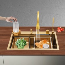 201 Stainless Steel Golden Kitchen Sink With Pull-out Faucet 26.77 18.11 8.66in