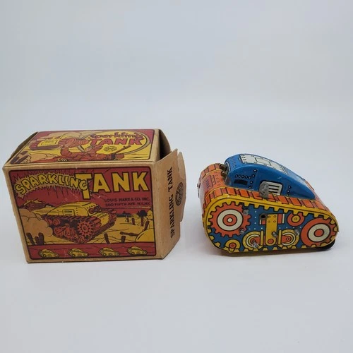 MARX 1950's SPARKLING TANK TIN MIB WINDUP TOY ORANGE BLUE COLOR WITH BOX