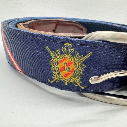 Cinturón de golf YRI azul cinta tejida con escudo "L" a rayas hebilla de latón preppy 42/105 - Imagen 2 de 6