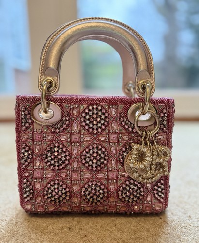 Mini Lady Dior Bag Metallic Rose des Vents Satin Embroidered with Beads