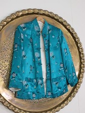 VTG Reversible Chinese Tang Jacket Teal Ivory Satin Brocade Floral Embroidery