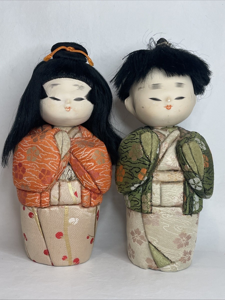 Japanese KIMEKOMI VTG dolls Pair Porcelain Heads Hand Painted