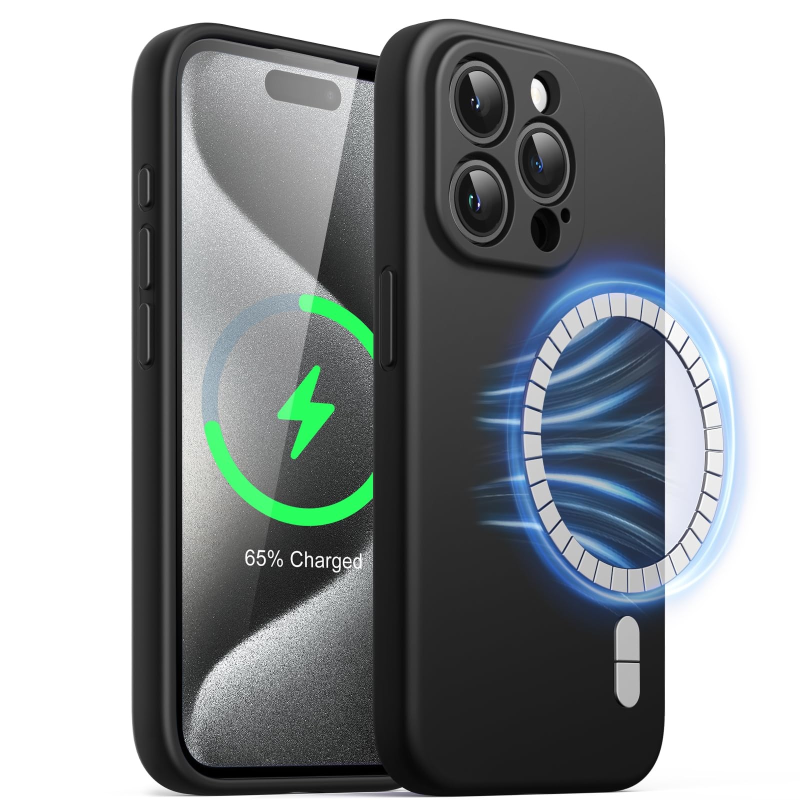 Coque silicone iPhone 15 Pro magnétique antichoc et anti-rayures fine en silicone noir