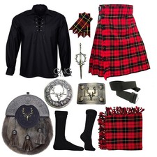 Scottish Men's 10 Pieces Shirt Kilt outfit Stage Head Sporran Wedding kilt Set