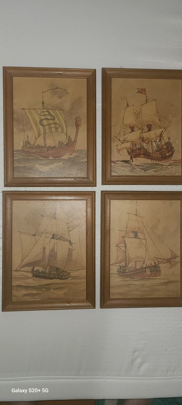 Set Of 4 GORDON GRANT Viking Ship CLIPPER Sailing VINTAGE FRAMED PRINTS