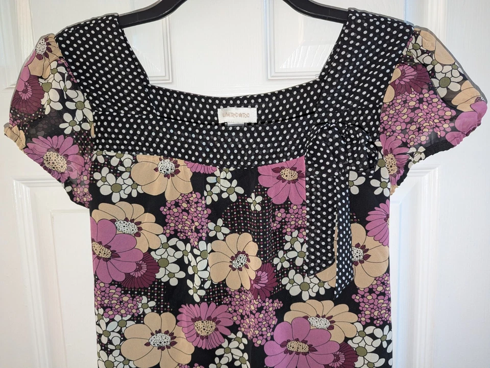 Ограниченный слишком девочек 16 блузка рубашка верхняя подкладка черный розовый желтый цветочный горошек бант - Изображение 2 из 4