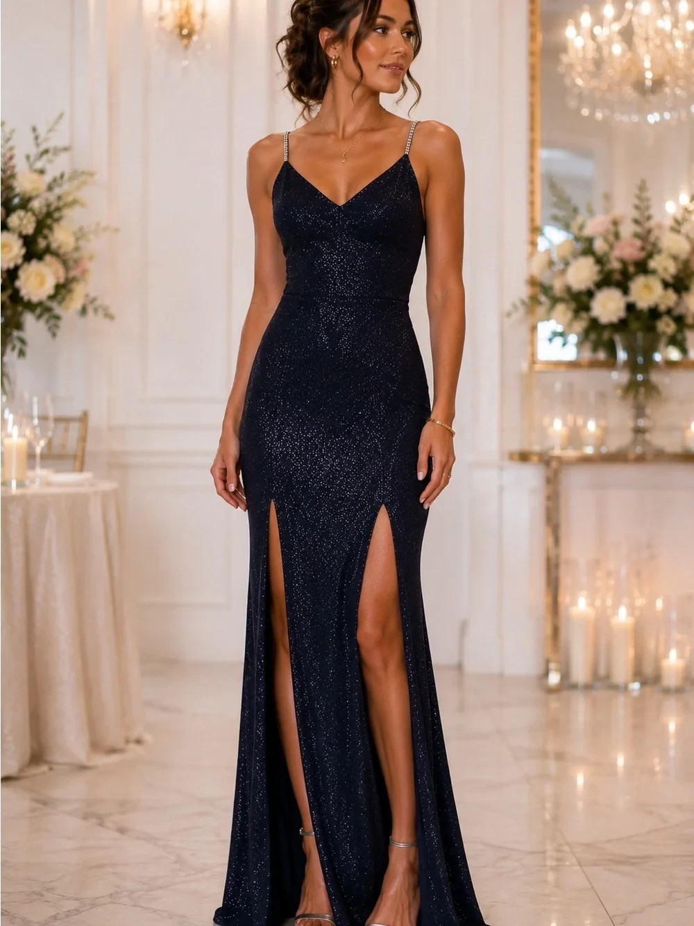 Vintage Jump Black Sparkle Stretch Evening Gown M – Rhinestone Straps Long Dress