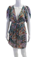 Catherine Malandrino Womens Back Zip V Neck Abstract Silk Dress Multicolored 0