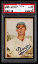 SANDY KOUFAX 1962 TOPPS VENEZUELAN BASEBALL CARD #5 PSA 2 GOOD RARE DODGERS HOF