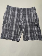 Vintage Nike Shorts Mens XL Black Gray Plaid Cargo Side Snap Drawstring Athletic