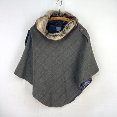 Joules Hazelwood Tweed Cape Womens O/S Green Check Wrap Poncho Fur Collar Races