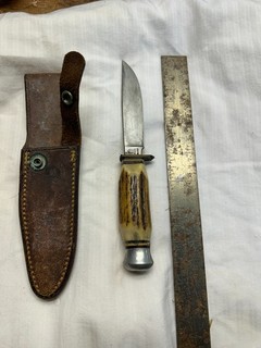 Old Hunting Knife marked Balinger & Ideal Shirt Co. Made in Germany Antler