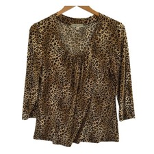 Vintage Suzie Leopard Print Top L VNeck 3/4 Sleeve Made in USA Y2K 90s Aesthetic