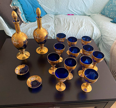 Murano Tre Fuochi Glas Set Kobaltblau 24 K Gold / Venedig 18 Teilig, prachtvoll!