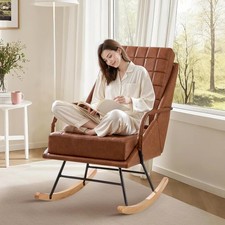 VECELO Rocking Chair Nursery Oversize Leather Glider Rocker Padded Cushion BROWN