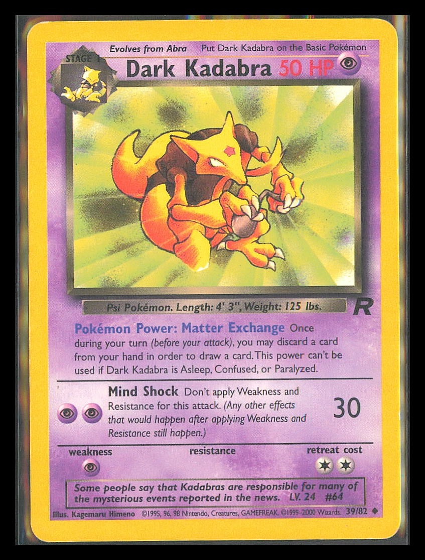Pokemon Dark Kadabra Team Rocket 39/82 Unlimited HP Free Shipping