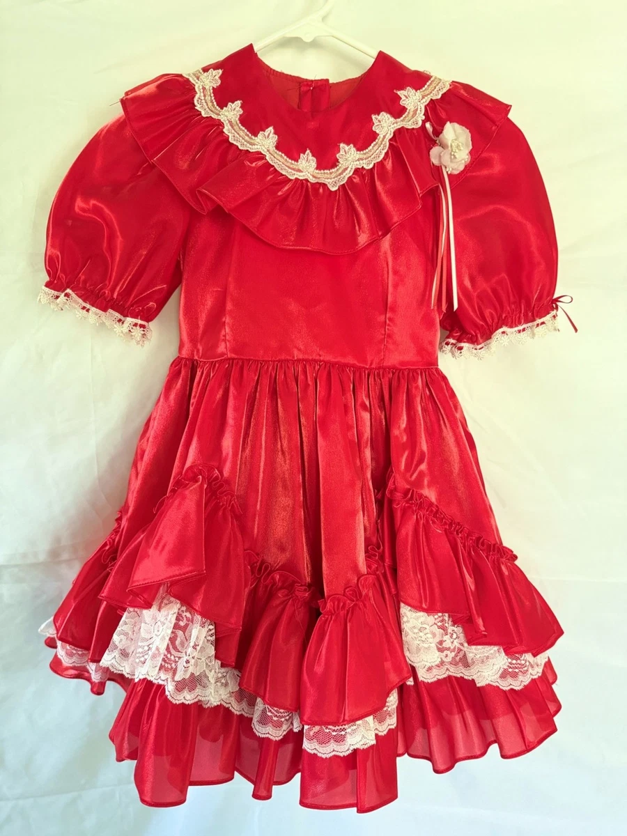 Robe Vintage Pour Fille Taille 6X - Rouge Avec Col En Dentelle, Longueur 25 Pouces
