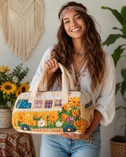Sunflower Hippie Vw Bus Quilted Duffel Bag Weekender Tote Travel Carry Bag Nwt