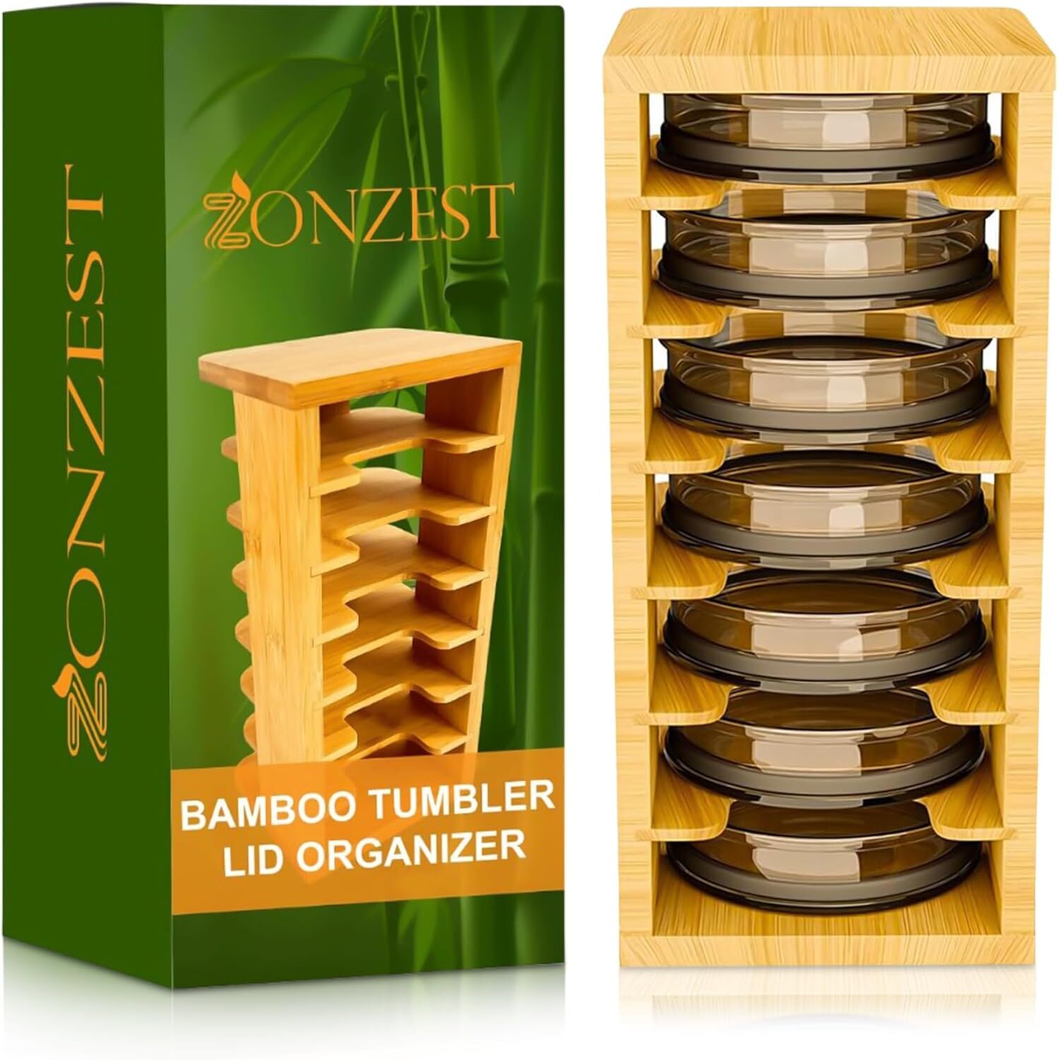 Bamboo Tumbler Lid Organizer - Compact Rack for Kitchen Wooden