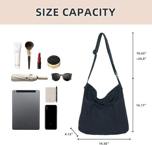 Canvas Hobo Crossbody Shoulder Tote Bag for Women and Men W/Multi-pocket - Picture 3 of 46