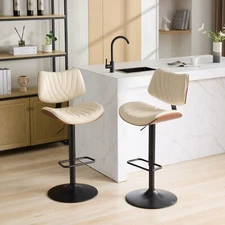 Set of 2 PU Leather Swivel Bar Stools 25-33.4" Counter Bar Chairs Bentwood Beige