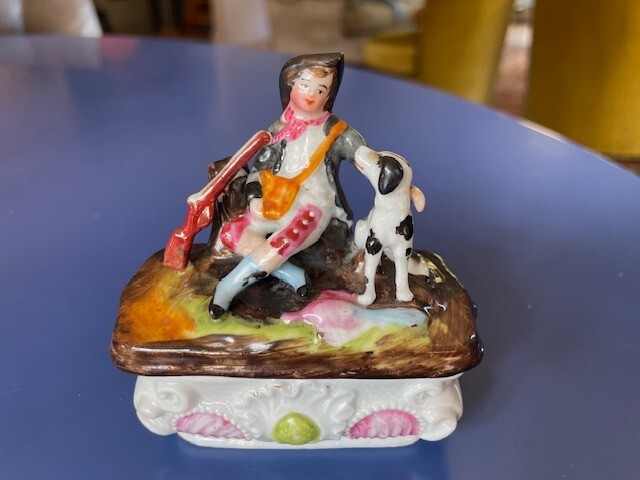 Antique Figural German Staffordshire Porcelain Fairing Trinket Box Spaniel Dog