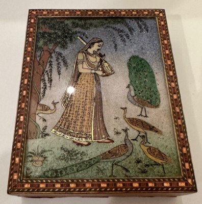 Wooden jewelry box with glass gem stone painting and brass border from India