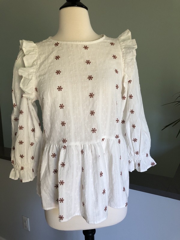 Universal Thread Ruffle Baby Doll Balloon Sleeve Embroidered Blouse Top Size XS