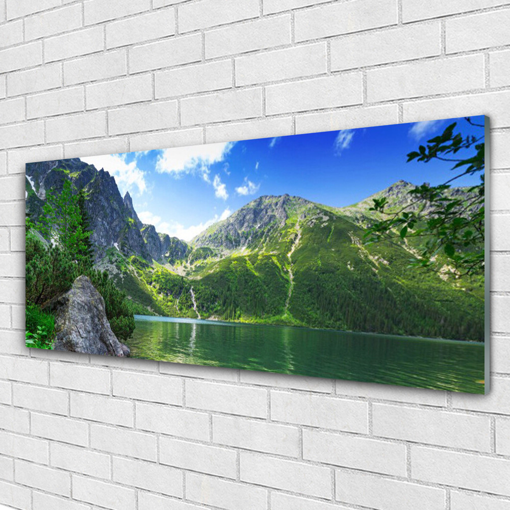 Tableau sur verre acrylique paysage lac et montagne pour salon moderne