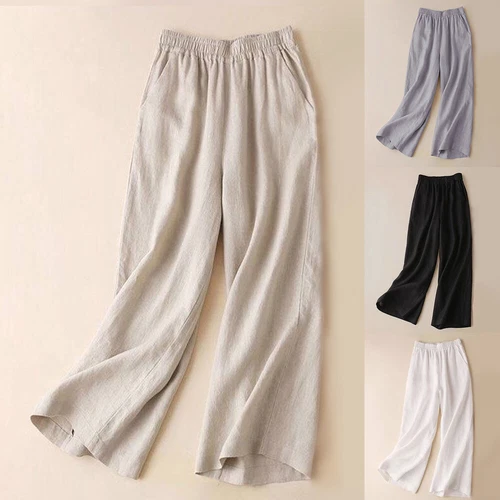 Summer Women Drawstring Waist Wide Leg Loose Cotton Linen Solid Pants Asian - Picture 4 of 24
