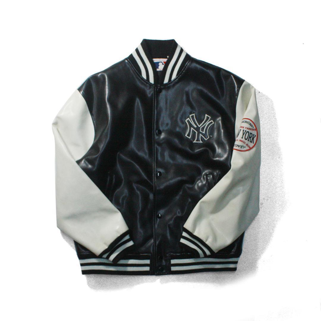 Chaqueta de estadio de cuero sintético New Era Yankees azul marino talla L vintage MLB