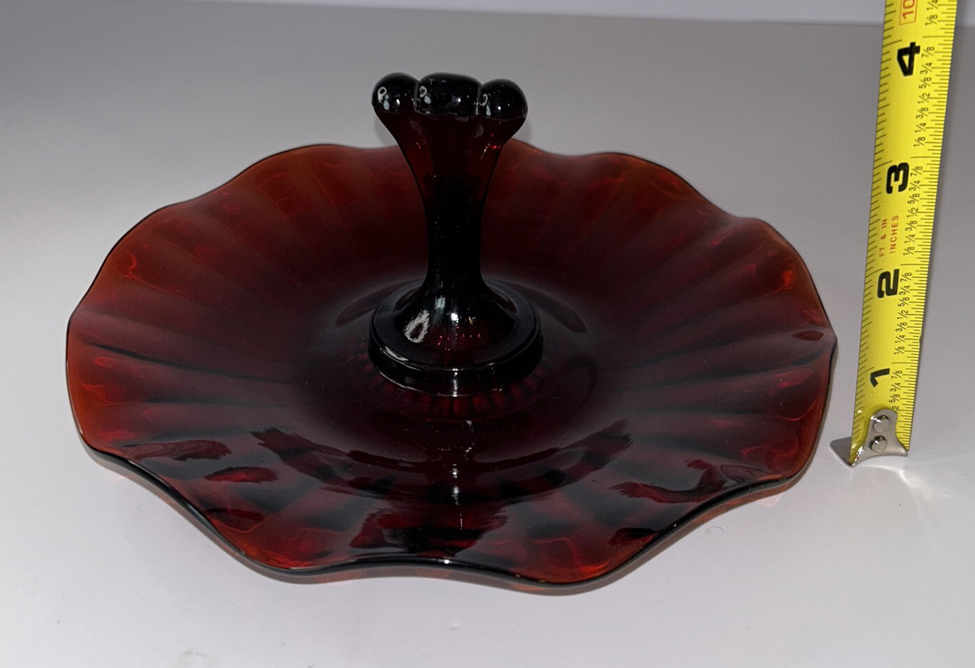 Red. Amberina Glass Tidbit Tray. Ruffled. Handled. Dish. Plate. Candy. MCM 7”