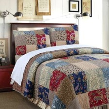Quilt Set King Patchwork Red Blue Cream Paisley Reversible Cotton Fabric Bedding