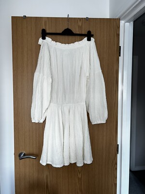 ASOS DESIGN textured long sleeve bardot mini dress in ivory