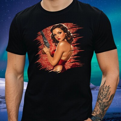 Mens Pin Up Gun Print Cotton T-Shirt Size S to 5XL