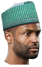 Suleimani Green and White Hausa Mallam Cap Fulani Hula Hand-Crafted African Trad