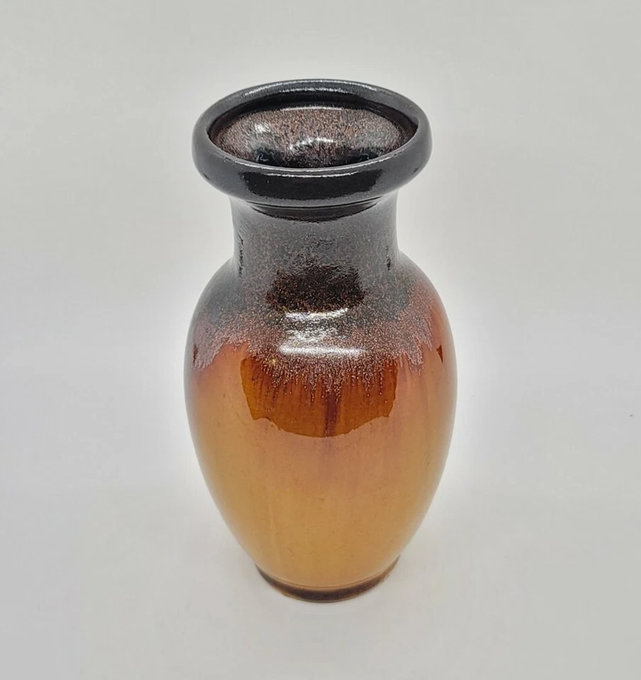 Jarrón de colección Hosley TM Potteries dorado amarillo borgoña negro brillo esmalte por goteo Foto 2 de 4