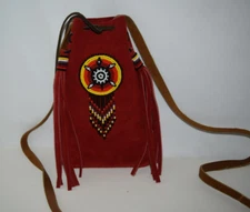 NATIVE AMERICAN STYLE BEADED RED SUEDE LEATHER DRAWSTRING BAG