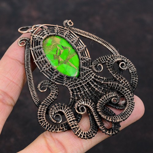 Green Turquoise Jewelry Copper Mom Gift Wire Wrapped Octopus Pendant 3.35"