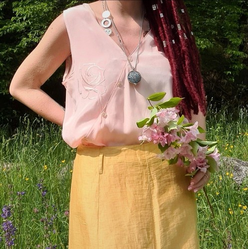camicetta vintage 80's top rosa satin setato ricamato made Italy tg m l - Foto 4 di 7