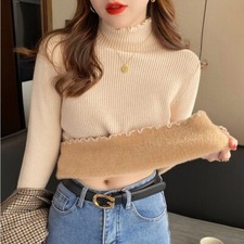 Lady Fleece Lined Top Knitted Sweater Mock Neck Thermal Jumper Thicken Casual