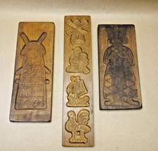 3 Large Antique Primitive Carved Wooden Butter Cookie Mold Press Stamp Folk Art