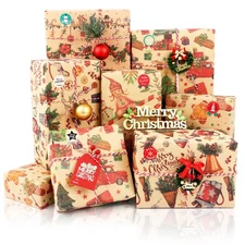 Christmas Wrapping Paper, 8 Sheets Vintage Kraft Xmas 12 Piece Set, Multi 